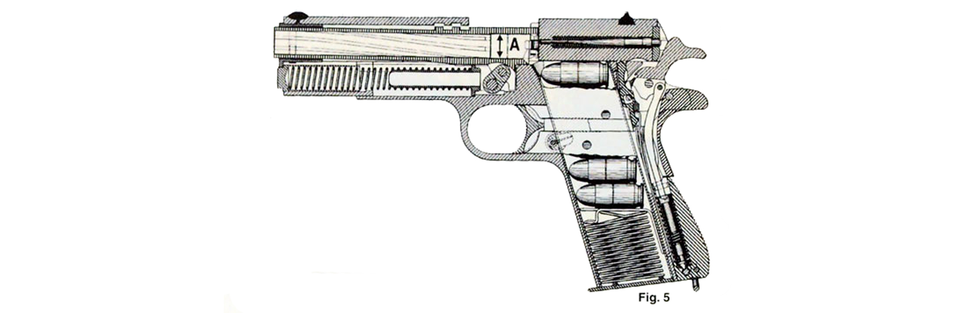 M1911 left-side line drawing x-ray view showing unlock/linkdown phase vertical lockign lug disengagement