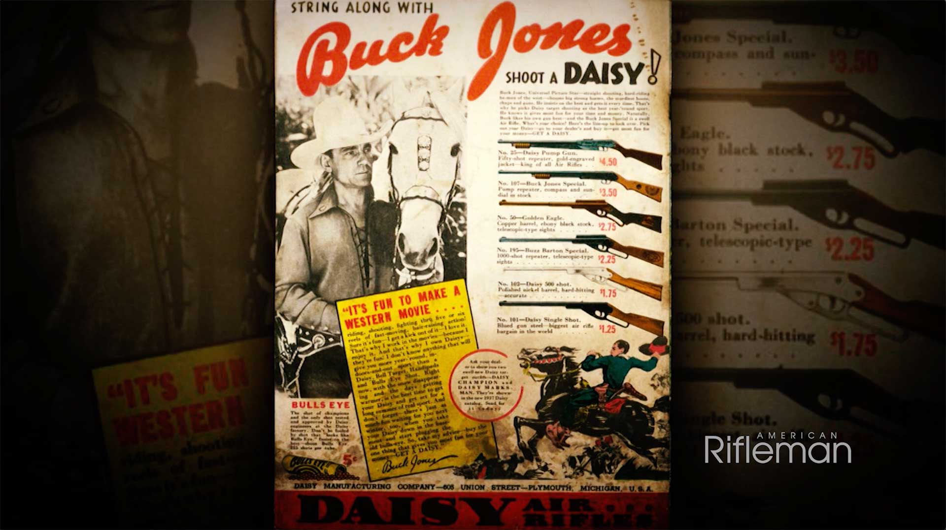 An antique Daisy catalog showing Buck Jones and six models of air rifles.