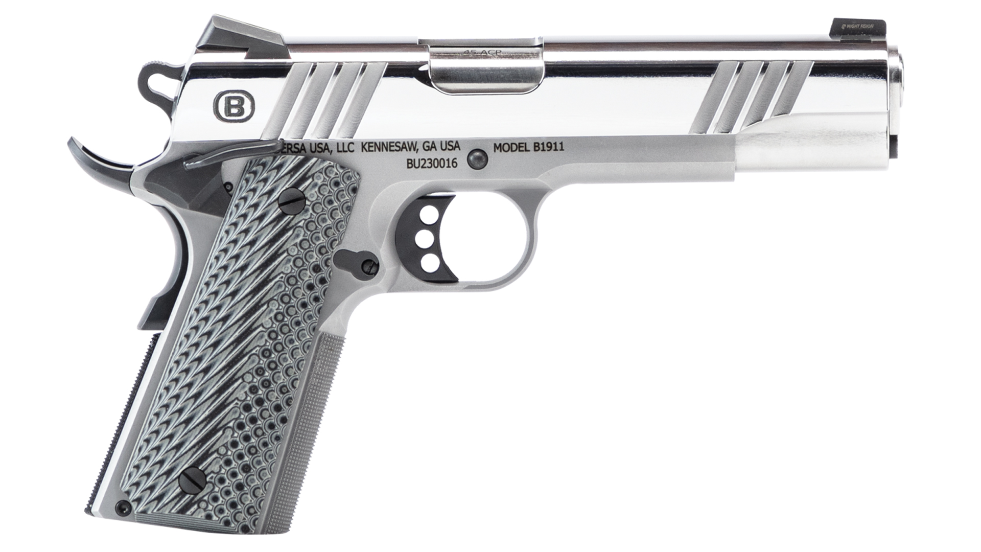 A bright, mirror-finished Bersa B1911 on a white background.