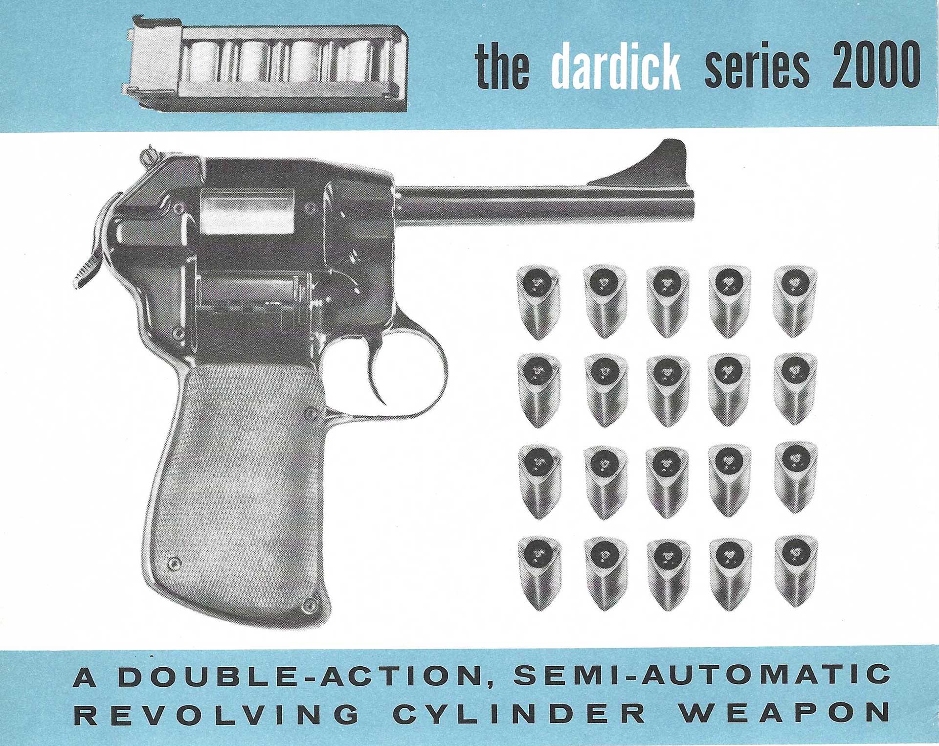 Dardick Series 2000 handgun with trounds and magazine shown on company literature