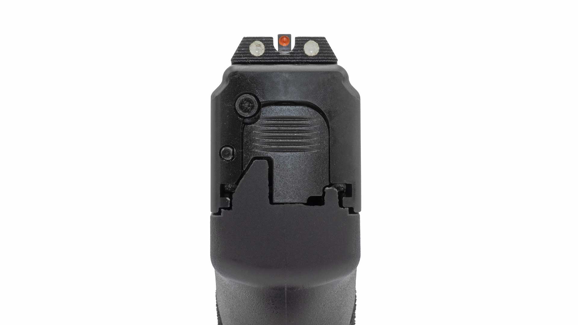 Rear view of the Savage Arms Stance XR, showing the three-dot sight picture.