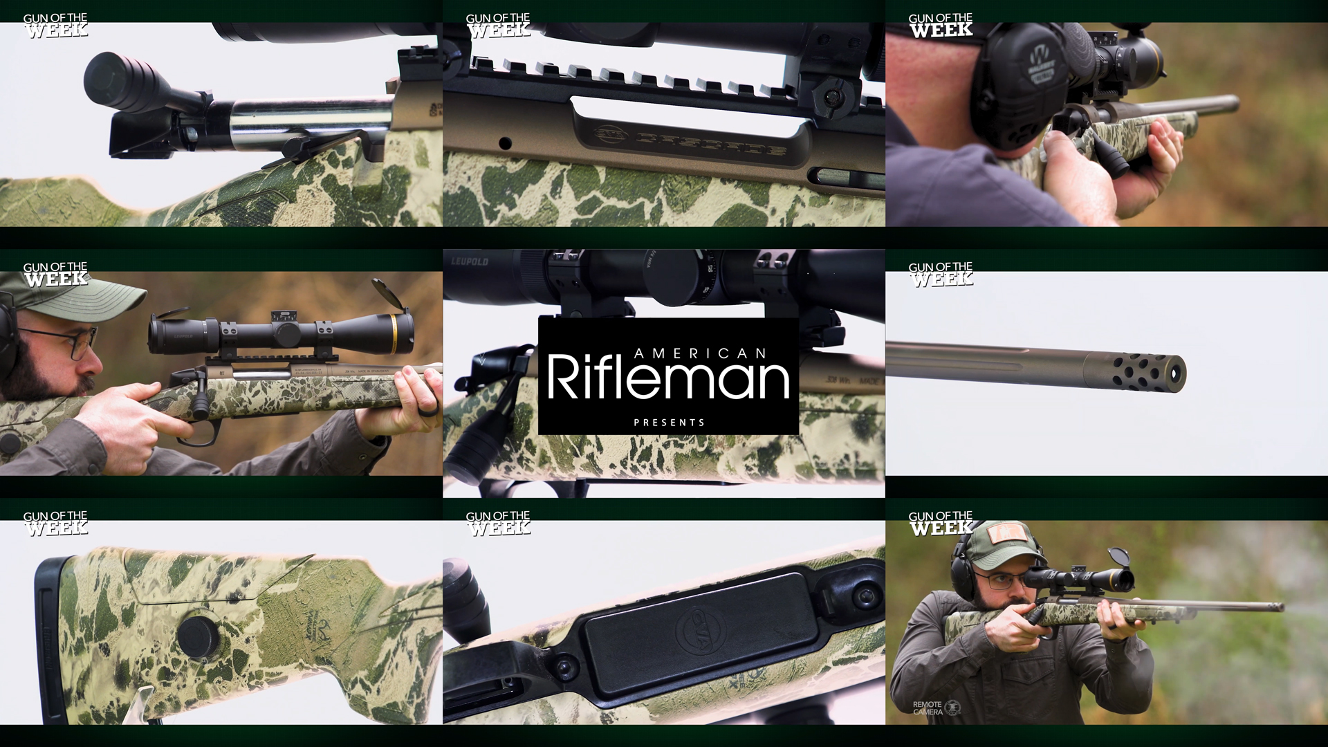 AMERICAN RIFLEMAN GUN OF THE WEEK text center image tiles mosaic nine images CVA Cascade LRH bolt-action camouflage rifle shooting men outdoors