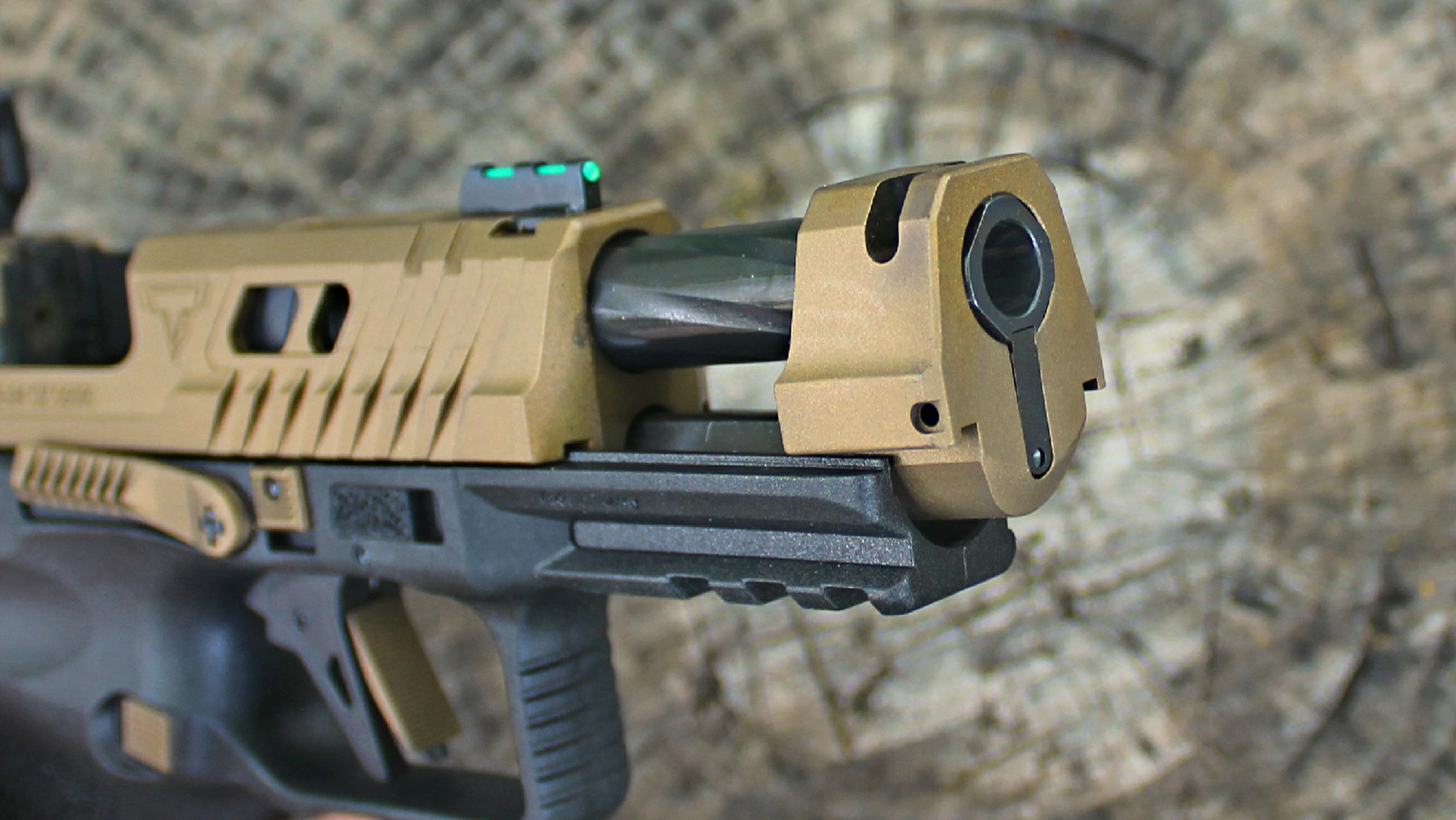 Century Arms Canik TTI Combat 9 mm pistol closeup detail compensator barrel extension