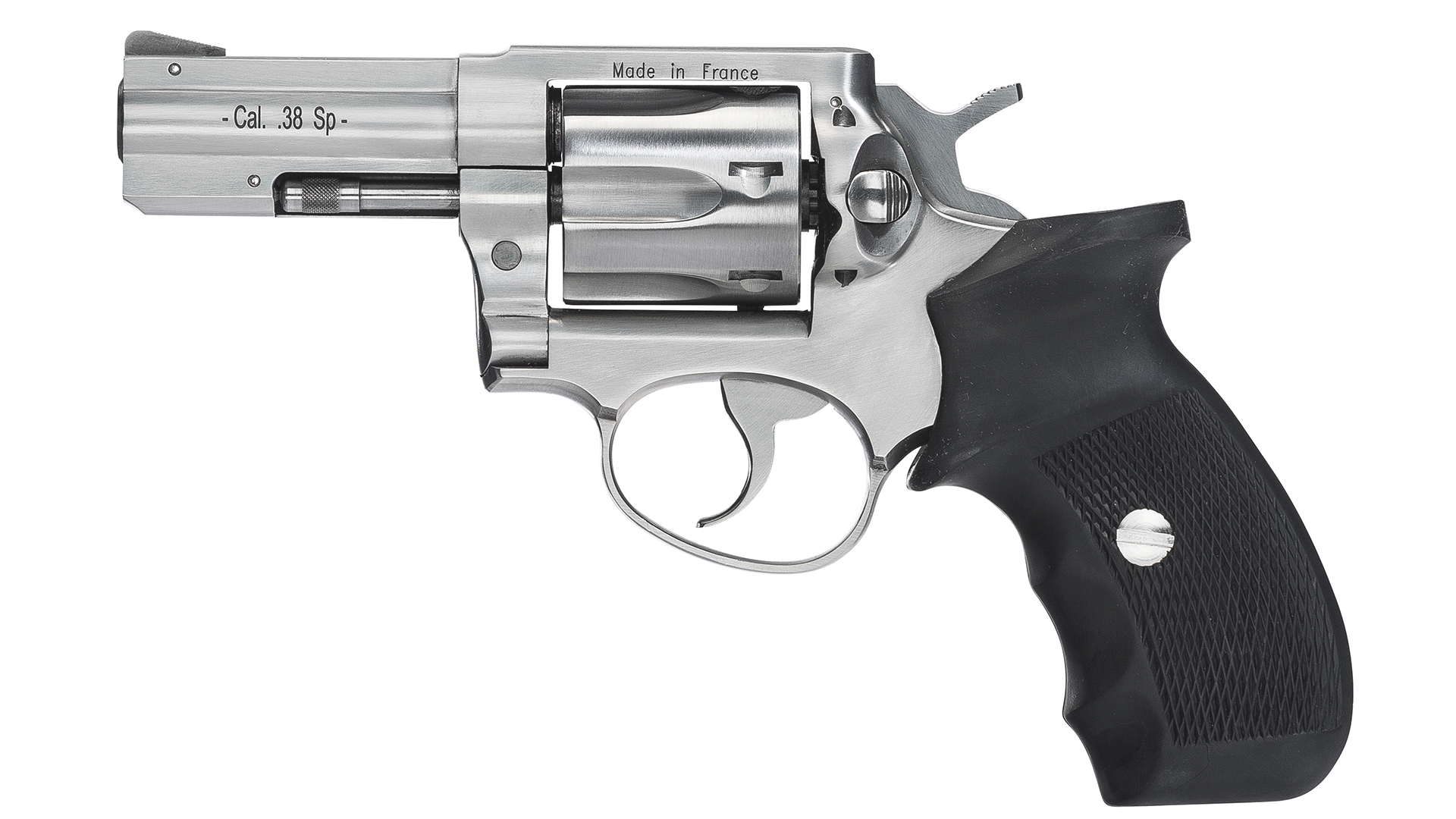 Beretta Manurhin revolver chapuis stainless steel gun left-side view black rubber stocks