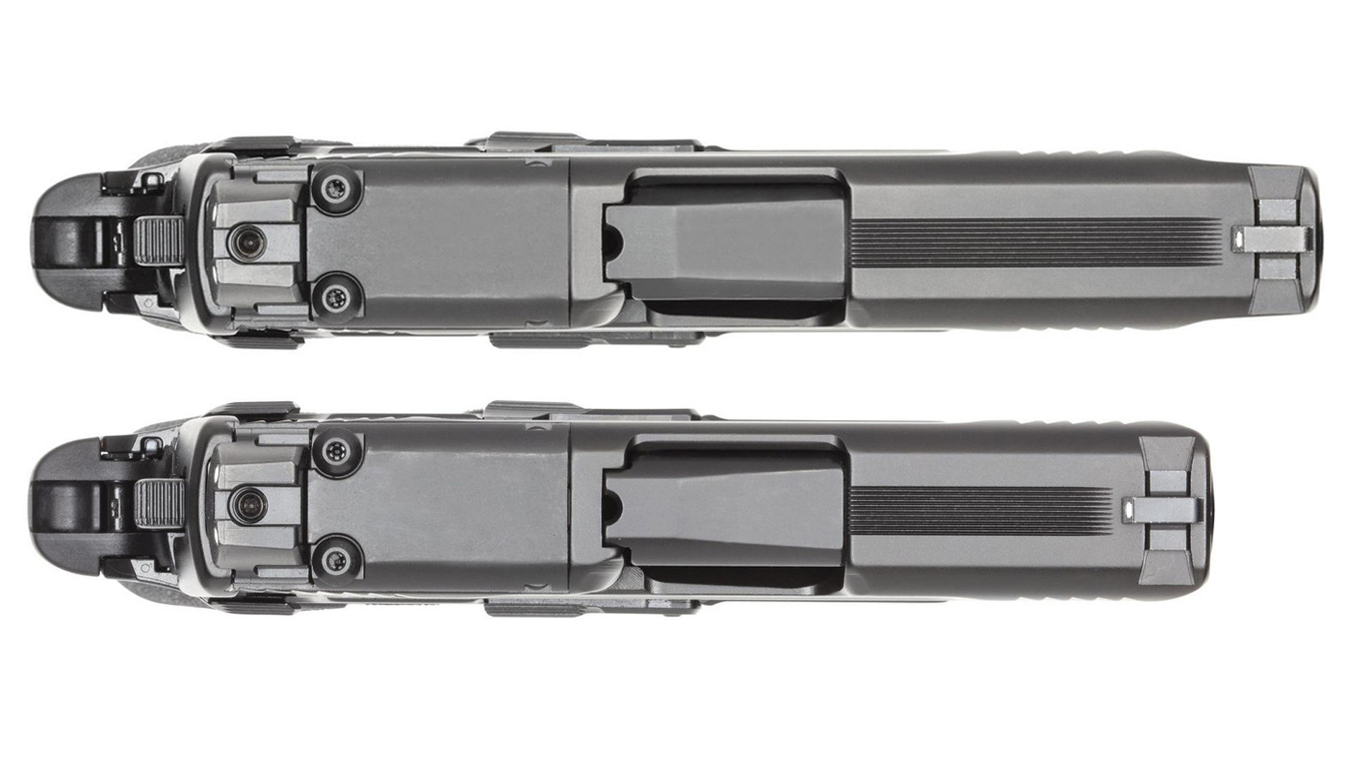 Top view of the short- and long-barreled Smith & Wesson CSX E-Series handguns.