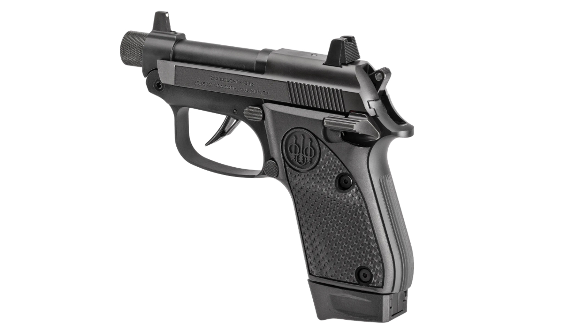 The Beretta 20X Bobcat "Do It Yourself" model with a threaded barrel and suppressor-height sights.