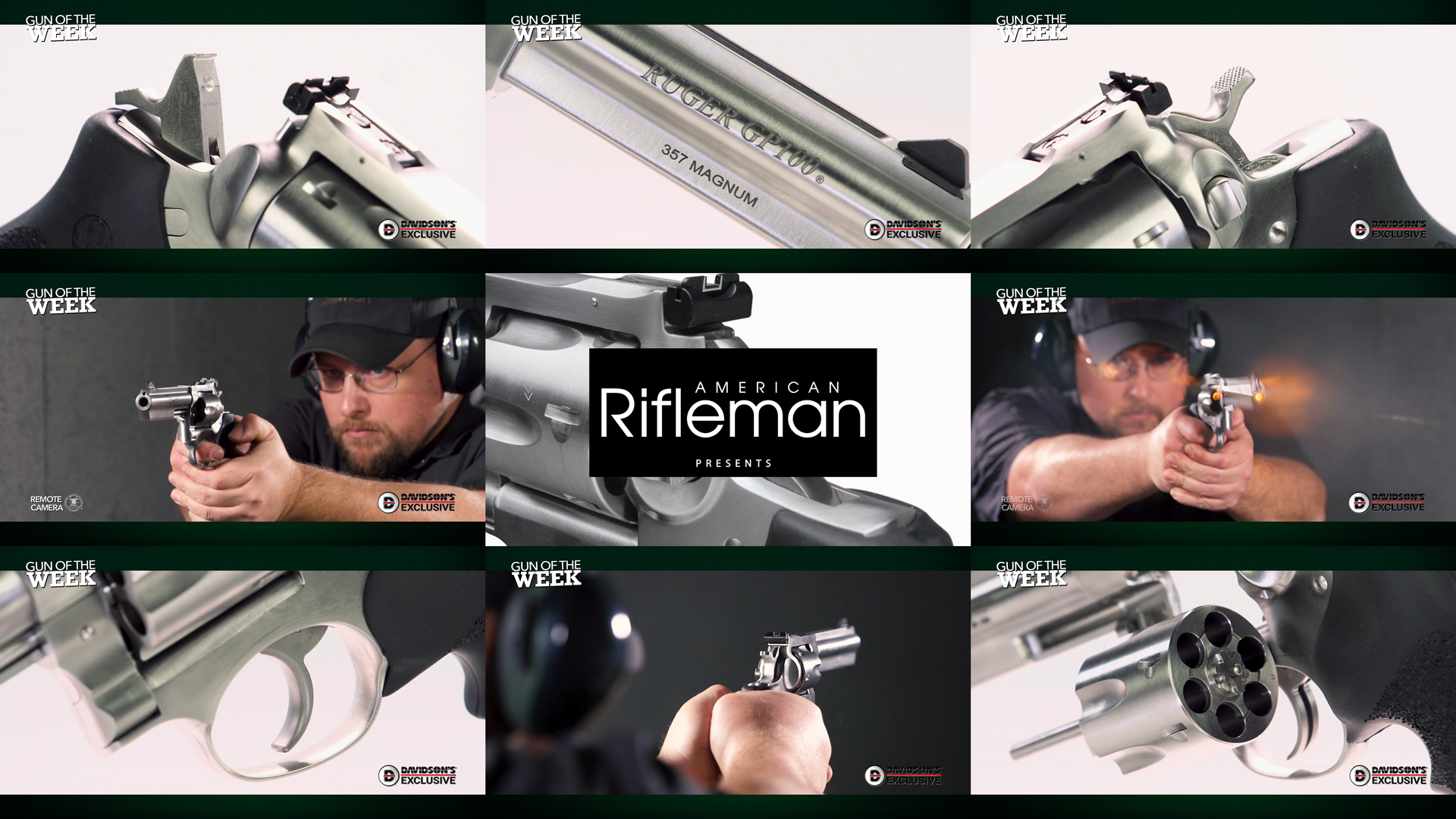 AMERICAN RIFLEMAN PRESENTS Gun Of The Week tiles 9 images compilation Ruger GP100 Exclusive man shooting silver stainless steel wheelgun 357 mag