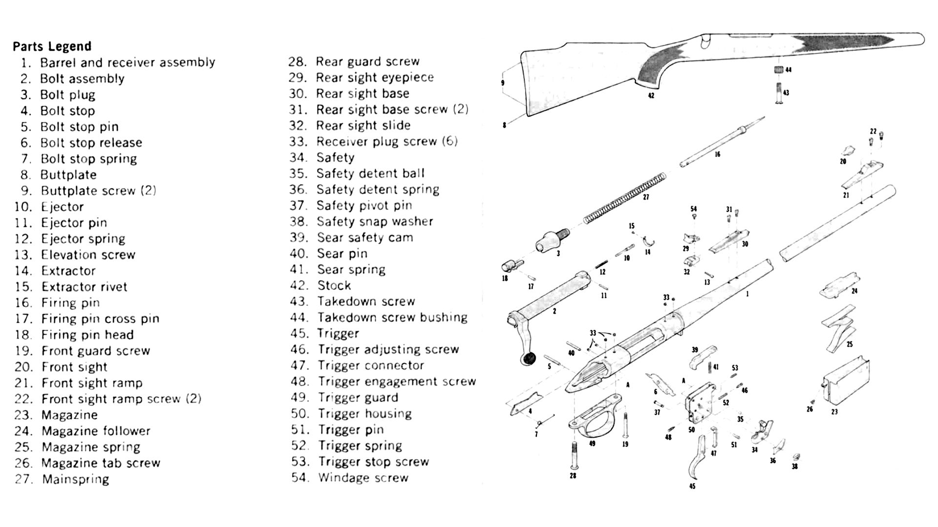 Remington Model 700 bolt-action rifle disassembled view exploded parts diagram layout list