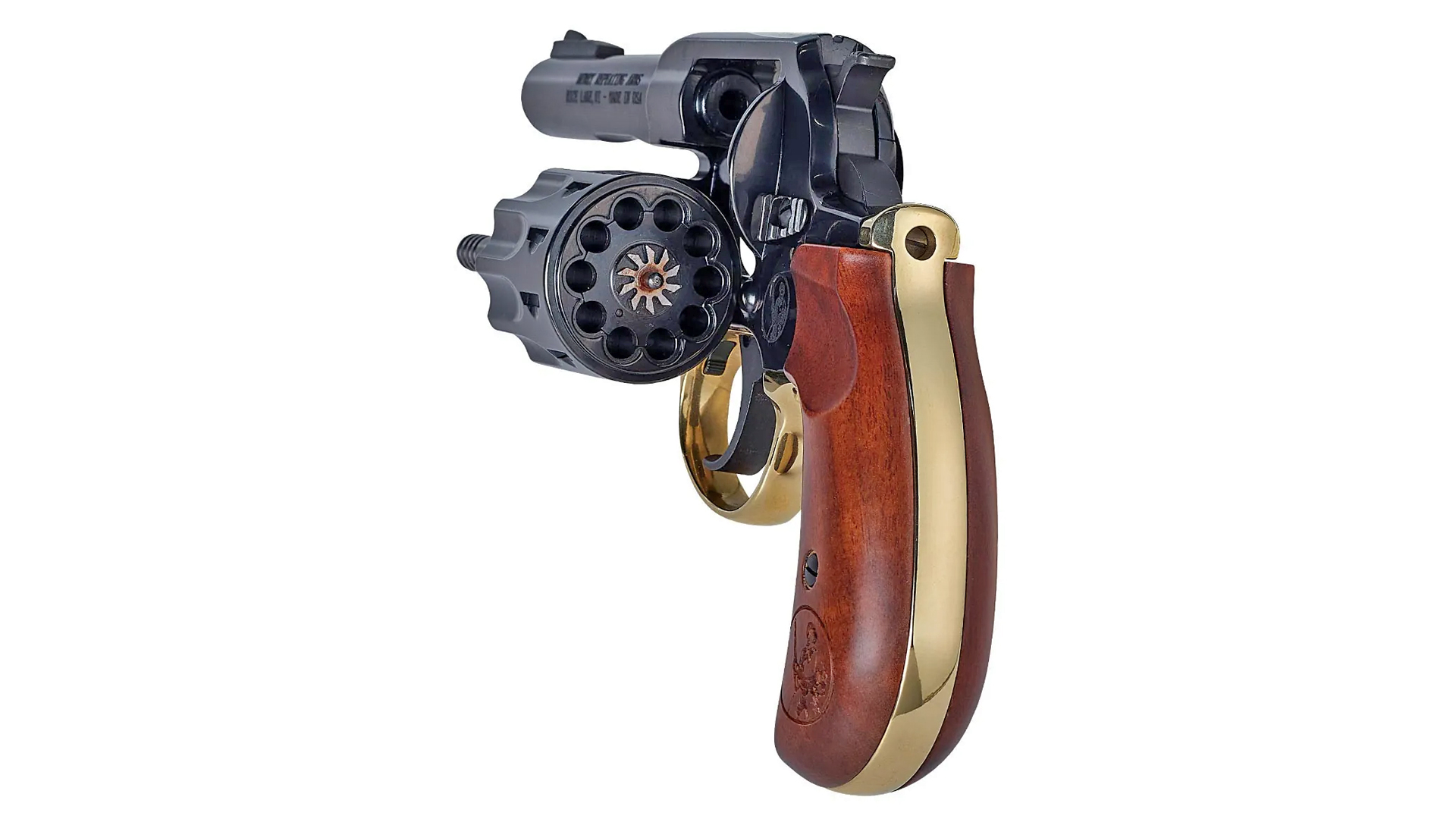 Rear view of the Henry Golden Boy Revolver with an open cylinder.