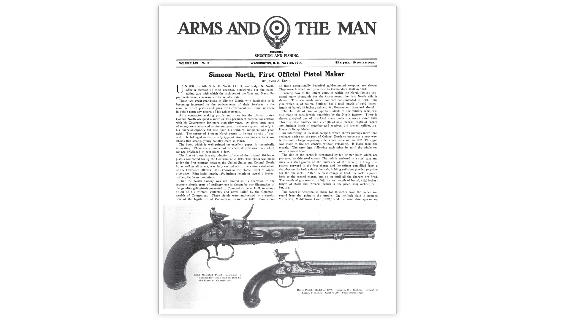 ARMS AND THE MAN May 28, 1914 newsletter text on image with flintlock pistols