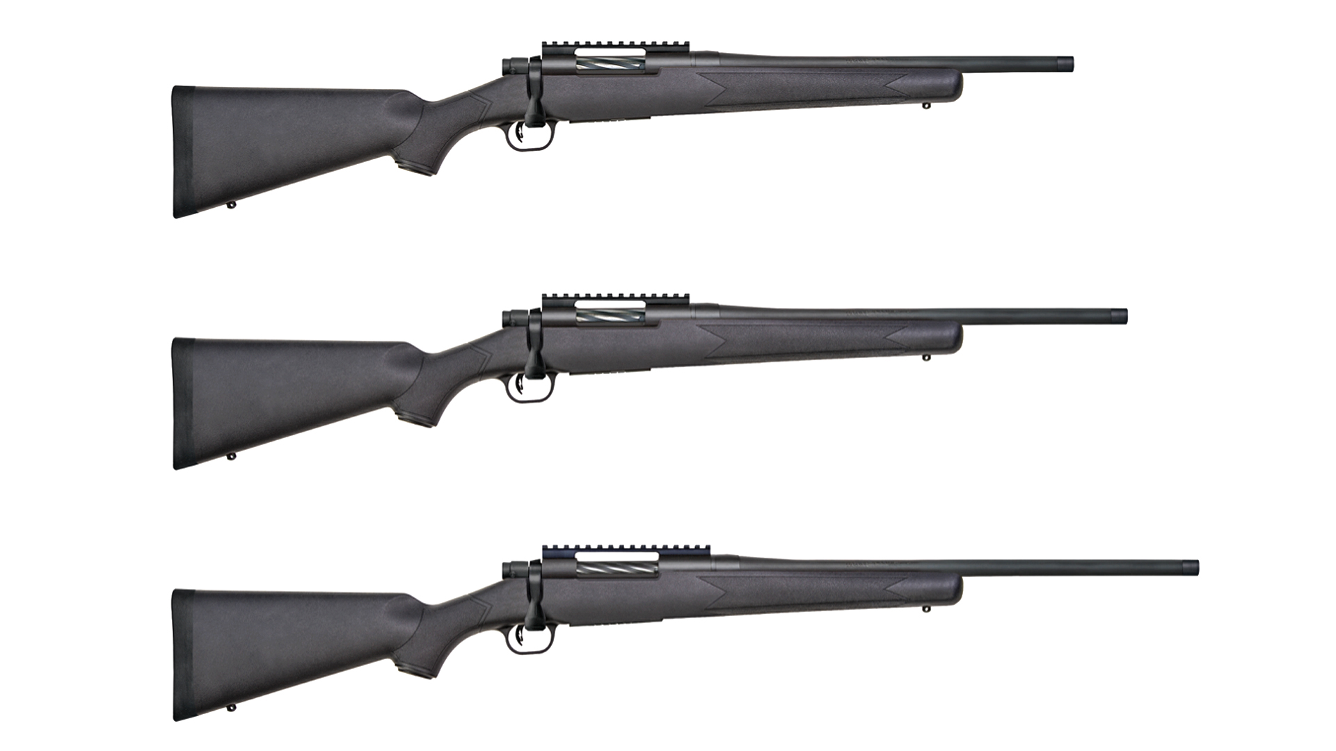 Three Mossberg Patriot bolt-action rifles, each with a different barrel length.