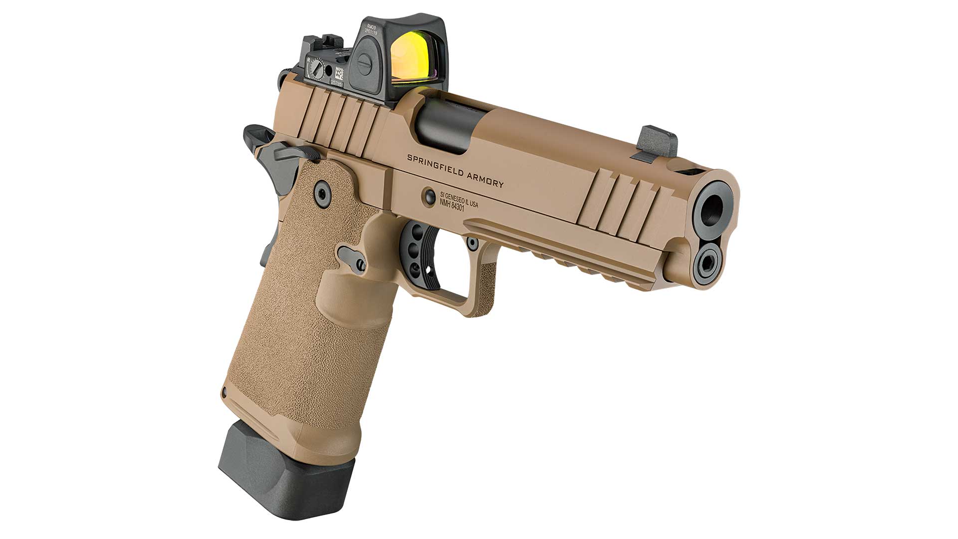 Springfield Armory's coyote-brown 1911 DS Prodigy Comp shown with an extended 20-round magazine and a Trijicon RMR red-dot sight.