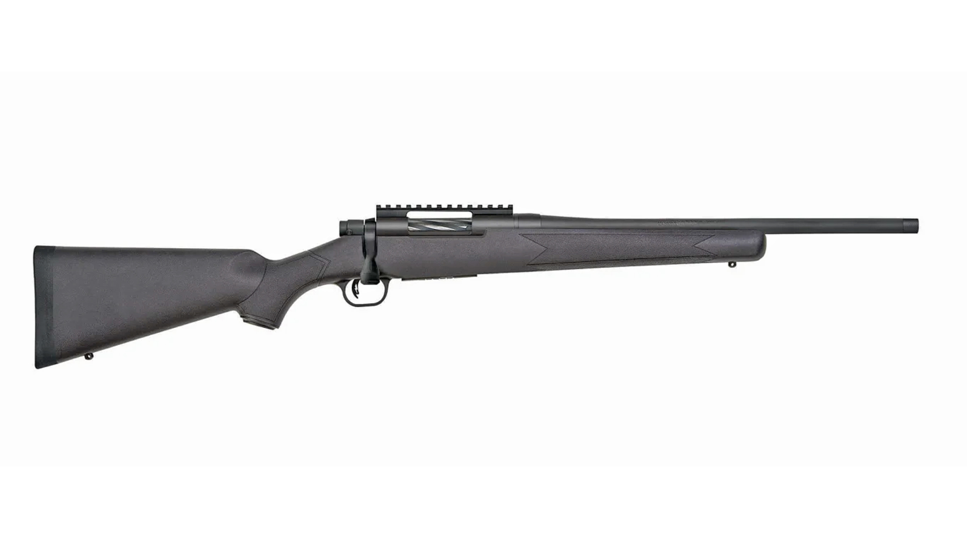 Right side of the all-black Mossberg Patriot with a suppressor-ready barrel.