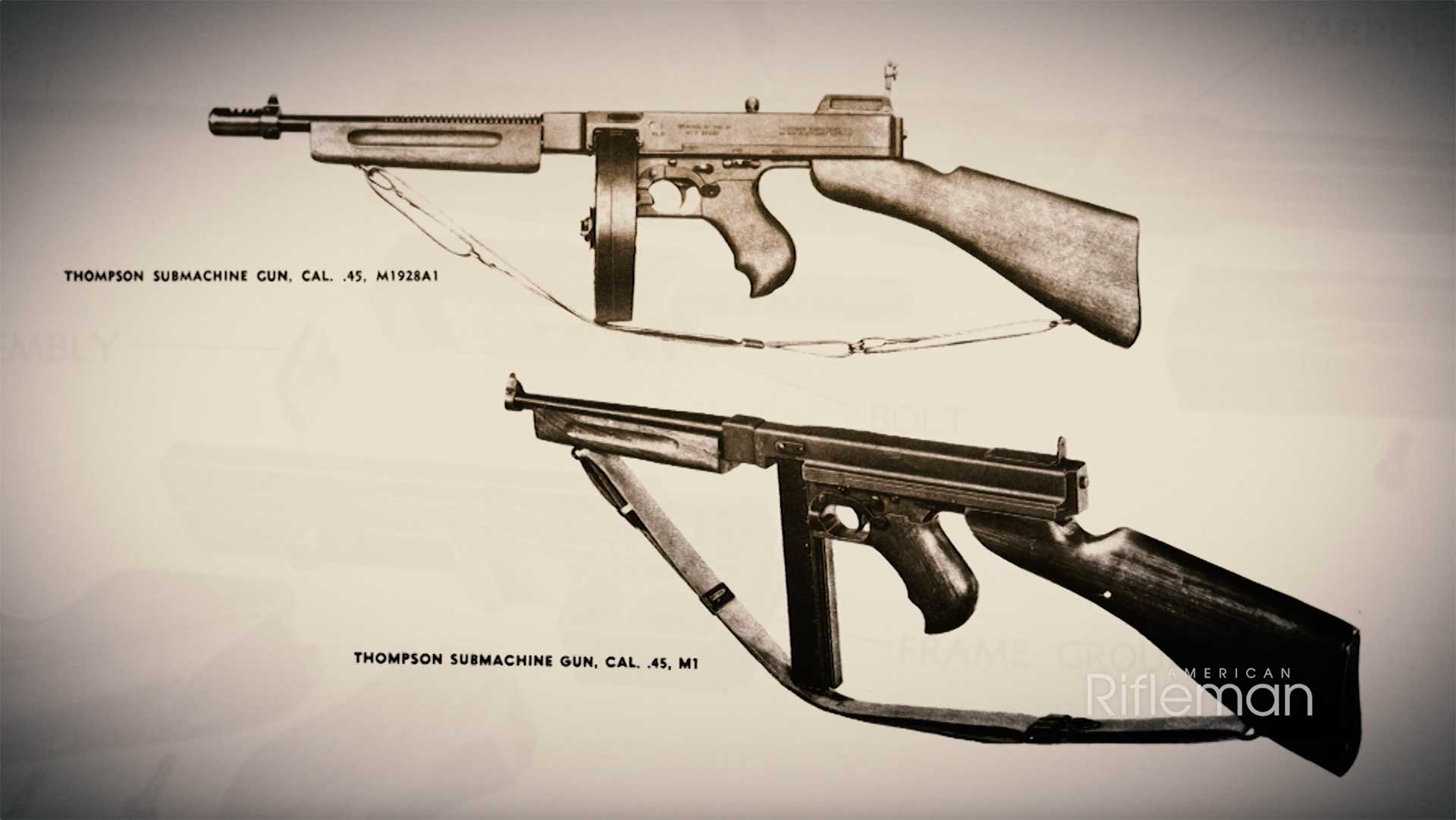 Comparison photo of the M1928A1 thompson submachine gun to the M1 Thompson at the bottom.