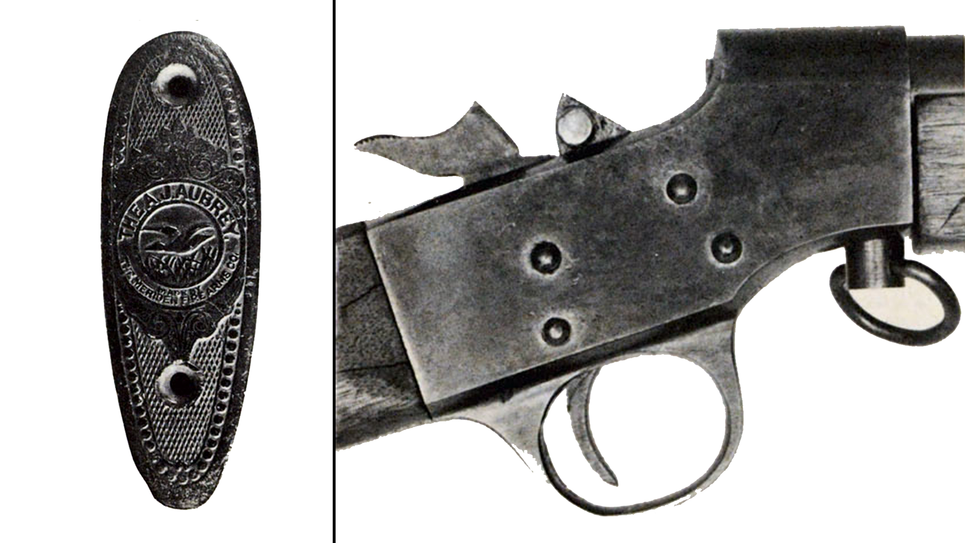 A. J. Aubrey shotgun buttplate left engraved shown next to rolling block action closeup right