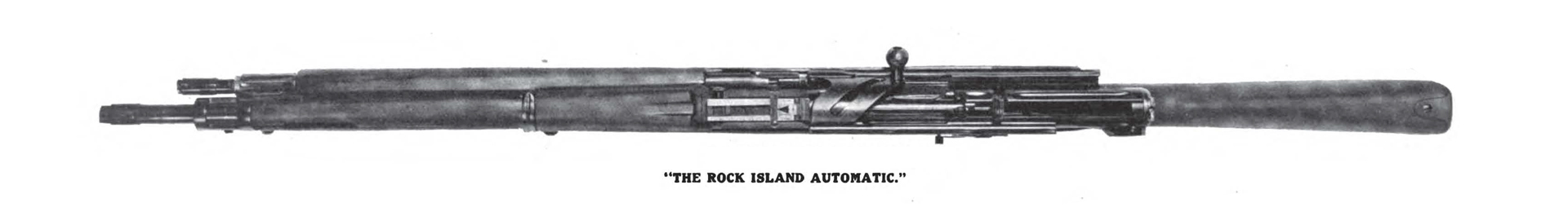 Top-down view of 1903 springfield converted to semi-automatic with text quotes below noting THE ROCK ISLAND AUTOMATIC