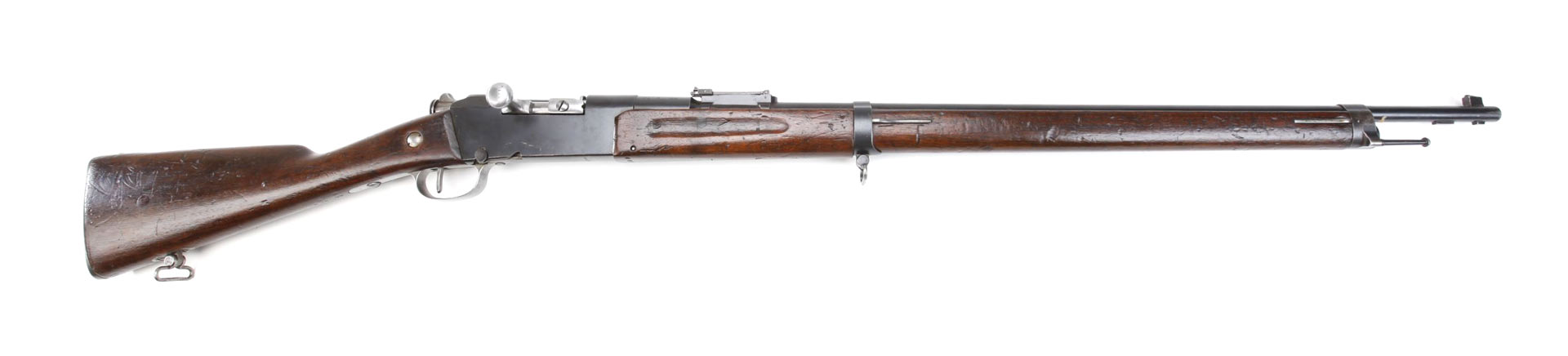 Right-side view of bolt-action Lebel rifle with wood stock white background