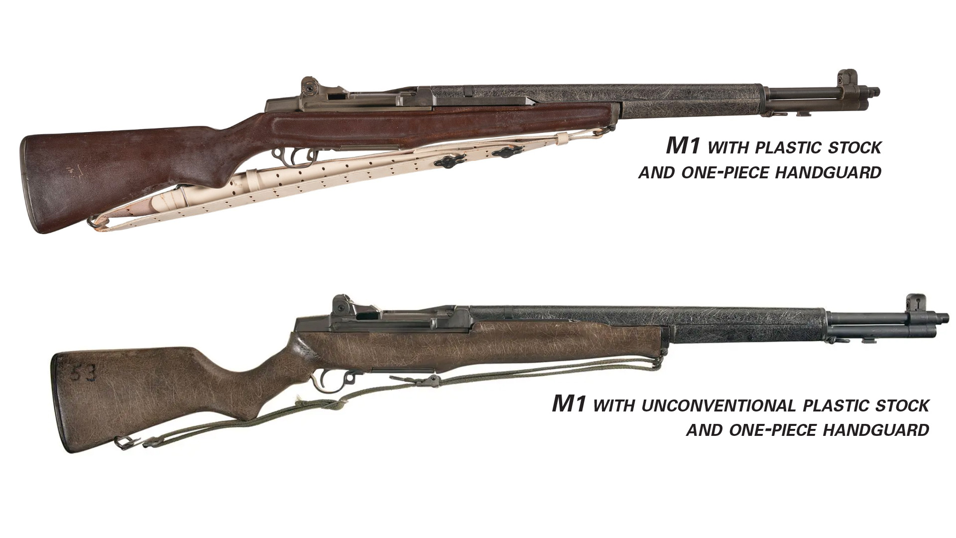 M1 with plastic stock and one-piece handguard, M1 with unconventional plastic stock and one-piece handguard