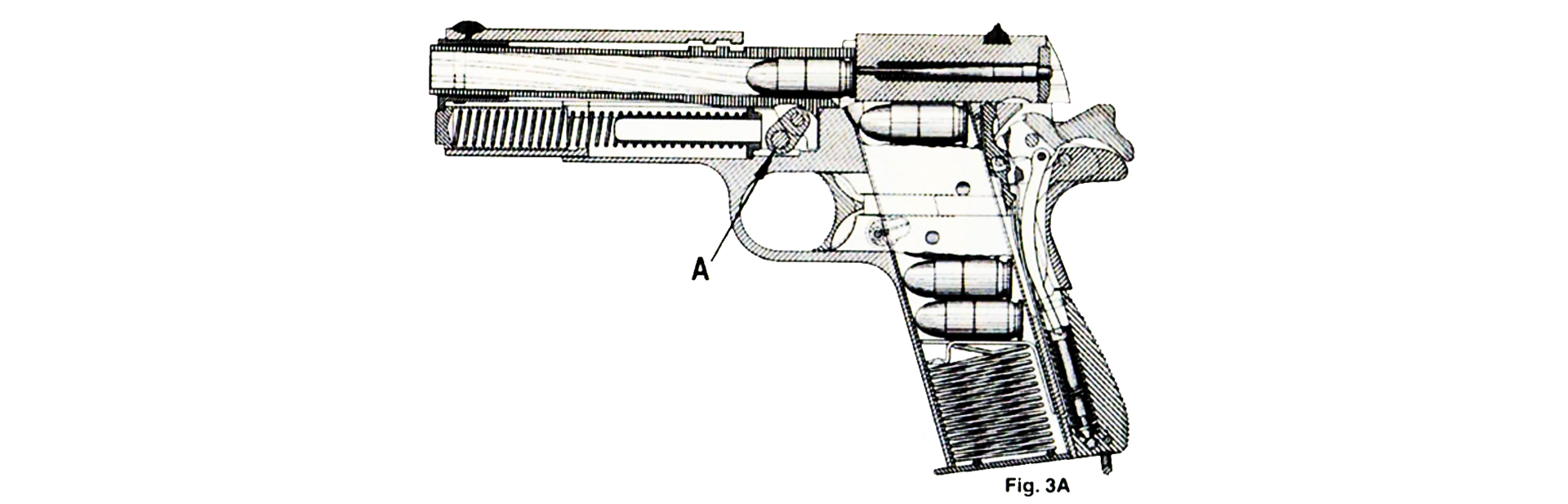 M1911 left-side line drawing x-ray view of Locking Phase A: Barrel Link-Up Or Cam-Up