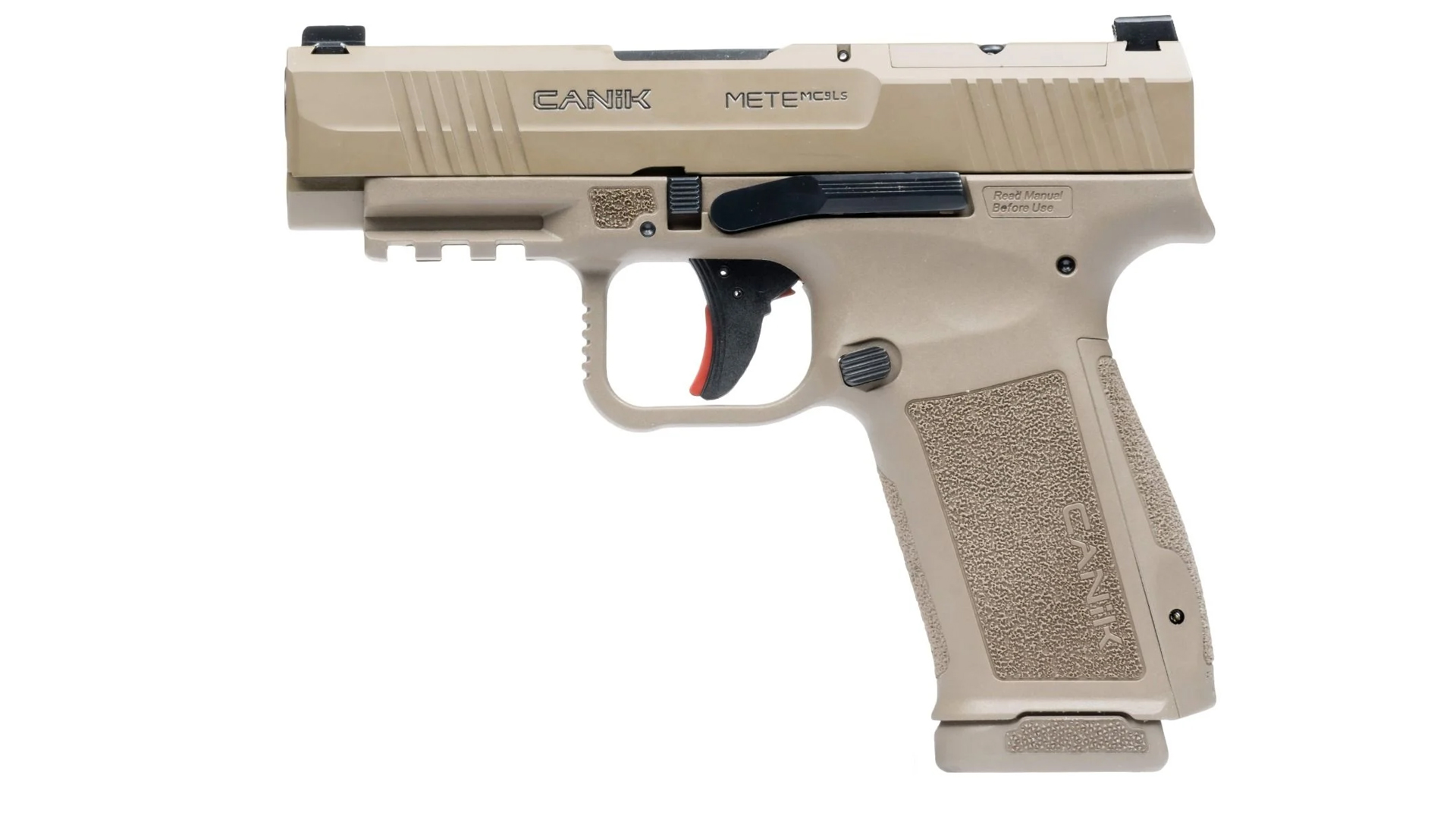 Left side of the flat dark earth Canik MC9LS pistol.