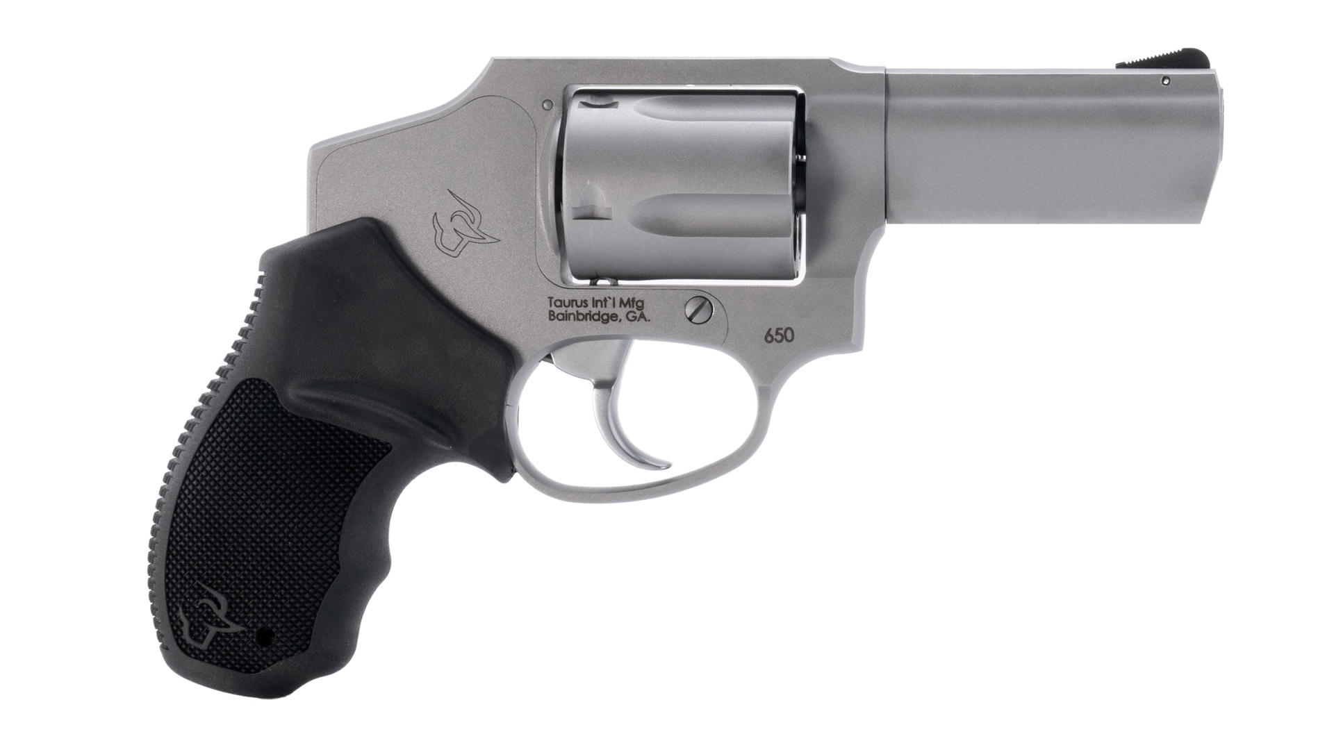 Right side view of the stainless-steel Taurus 650 revolver with a 3-inch barrel.