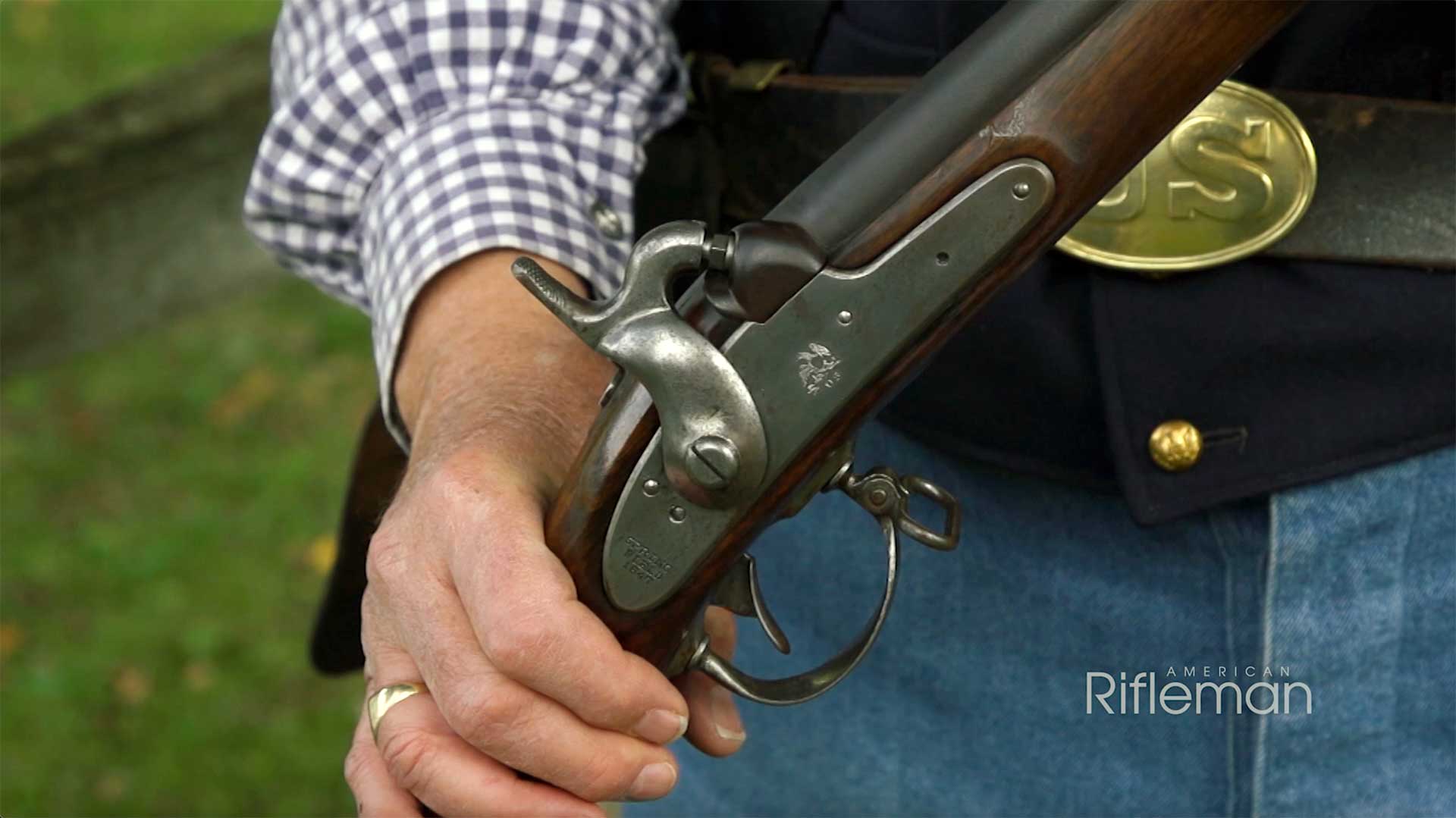 Lockplate close-up on a Model 1842 Springfield musket.