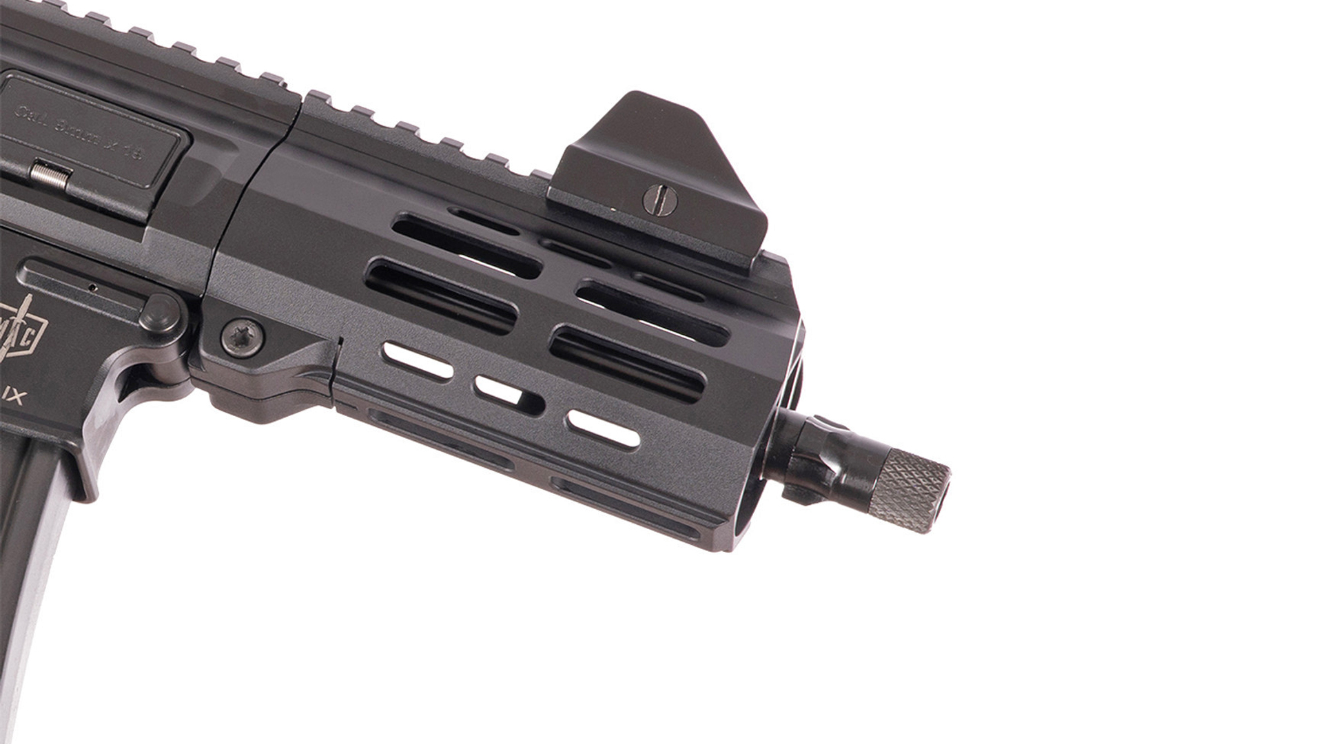 Right side view of the muzzle and handguard of the SDS Imports MAC IX pistol.