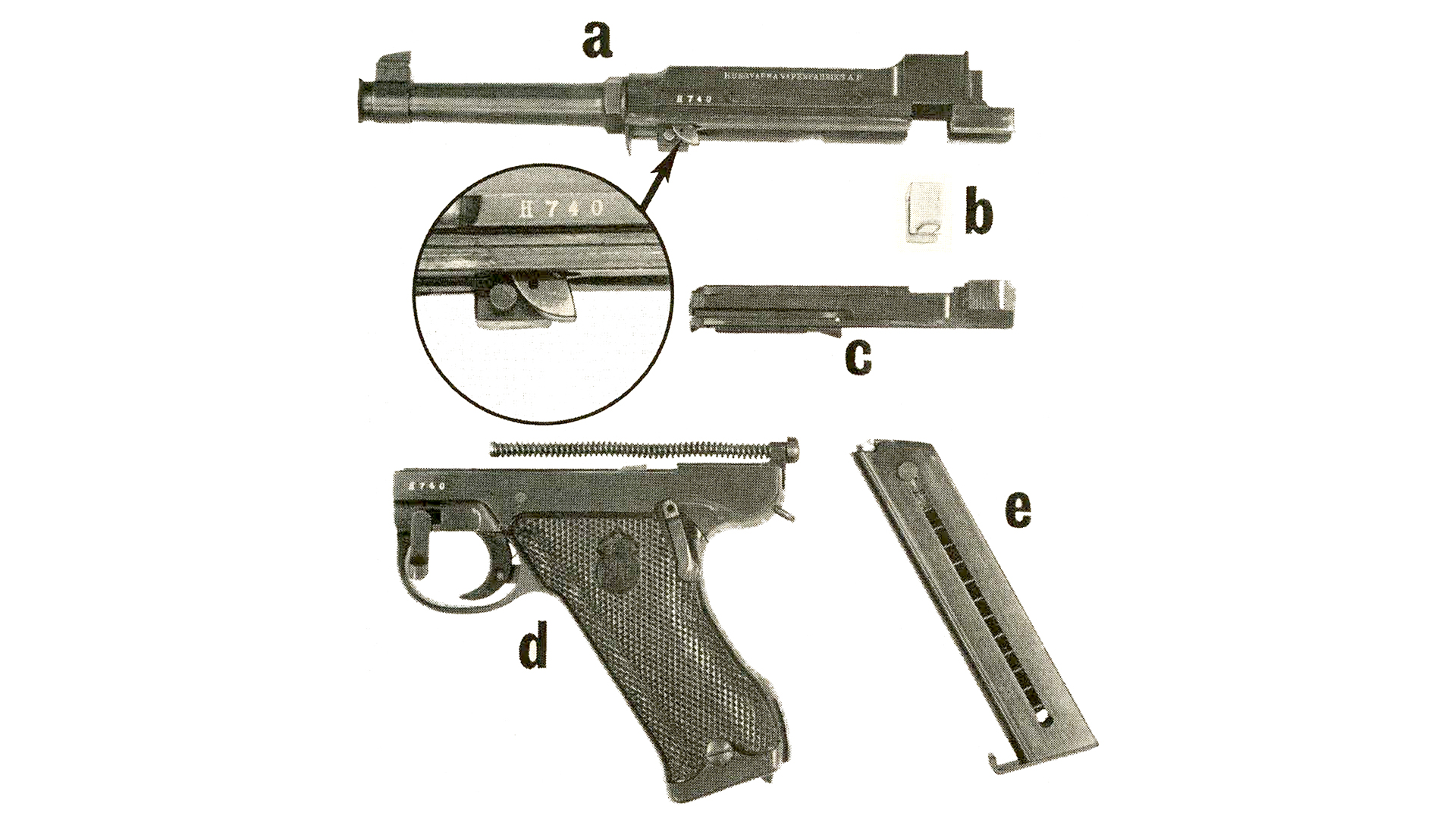 Fieldstripped Swedish Model 40 pistol parts gun left-side slide barrel frame bolt magazine alphabetic letters represent parts callout in caption