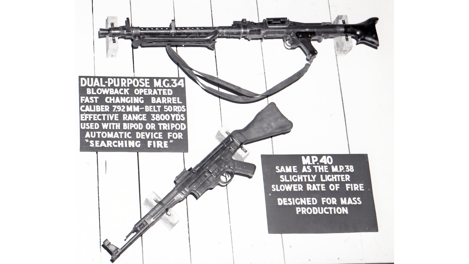 A German weapons display created by US troops in France during early 1945.  The error seen in the StG44 description confirms that wartime notions about German weapons were sometimes inaccurate.