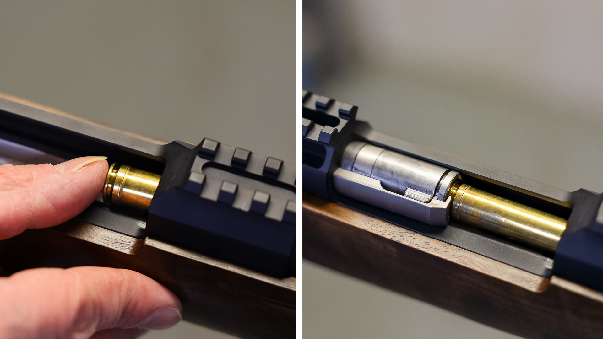 Side-by-side comparison of cartridges being fed into a rifle chamber using the Adaptive Controlled Round Feeding system.