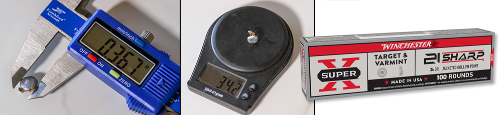 Three detail images side-by-side measuring diameter weight scale and ammunition box