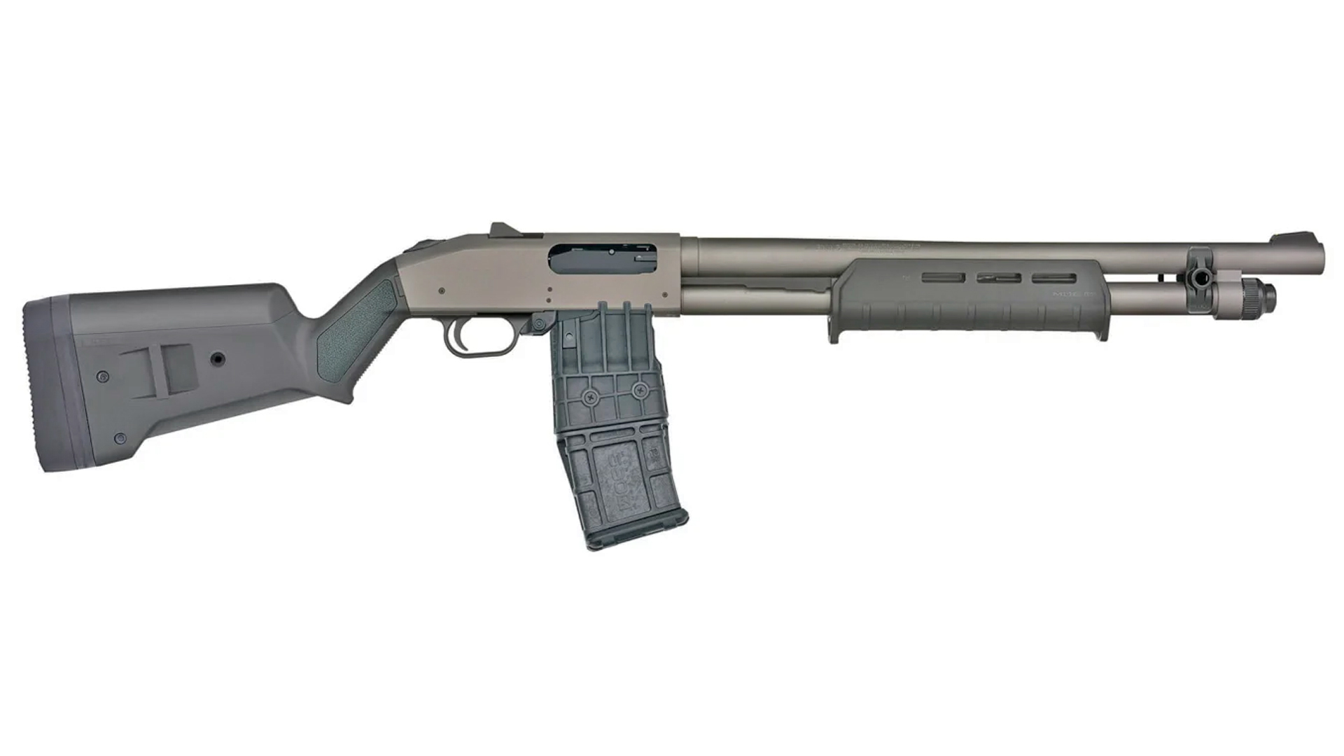 Right side of the Mossberg 590M shotgun with a detachable box magazine.