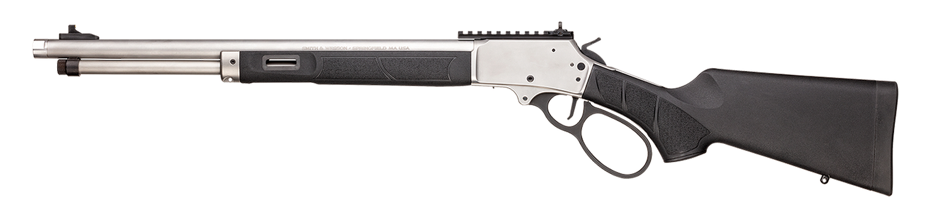 left-side view smith & wesson 1854 series stainless steel tactical lever-action rifle on white background