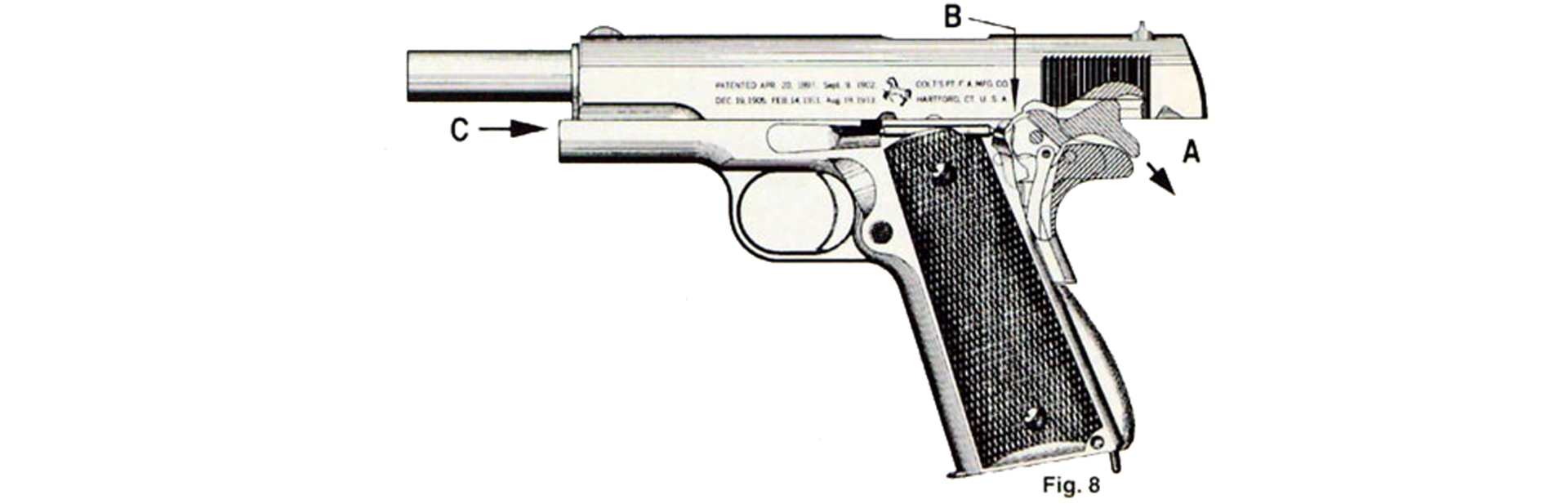 M1911 left-side line drawing showing cocking phase with slide locked to the rear