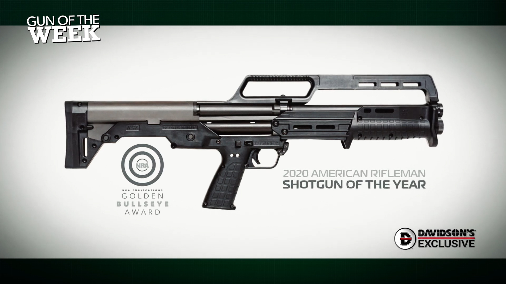 KelTec KS7 bullpup shotgun right-side view with text on image GUN OF THE WEEK GOLDEN BULLSEYE AWARD 2020 AMERICAN RIFLEMAN SHOTGUN OF THE YEAR DAVIDSON'S EXCLUSIVE