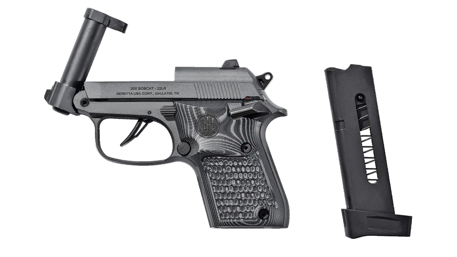 Beretta 20X Bobcat pistol shown with its barrel tipped open and an empty magazine to the right.