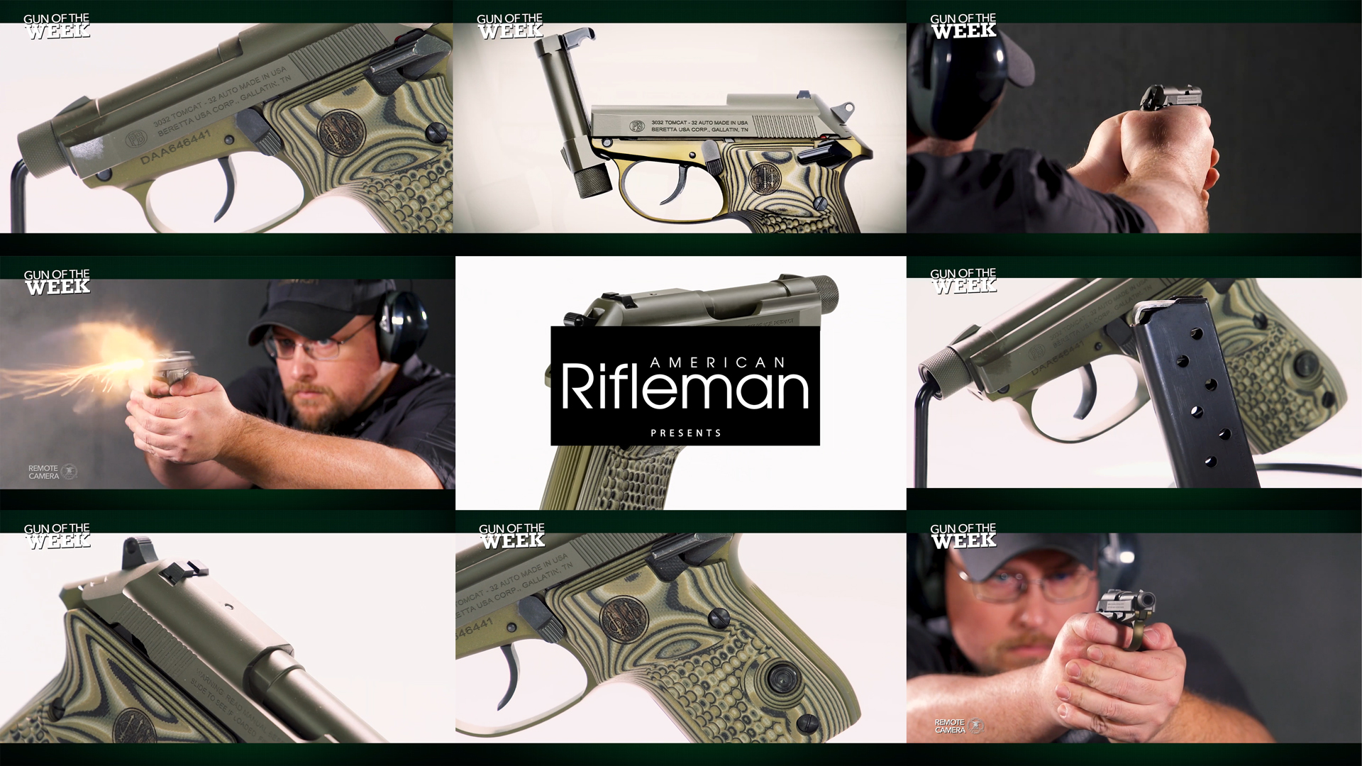 AMERICAN RIFLEMAN PRESENTS GUN OF THE WEEK text on images nine photos arrangement tiles mosaic man shooting Beretta Tomcat pistol tip-up barrel details gun