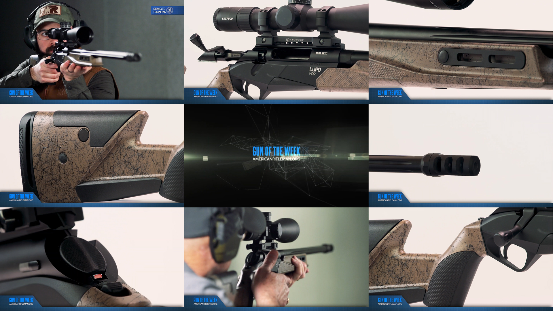 GUN OF THE WEEK: Benelli Lupo HPR bolt-action rifle mosaic tiles 9 imags arranged men shooting rifle tan brown stock black metal Leupold Riflescope