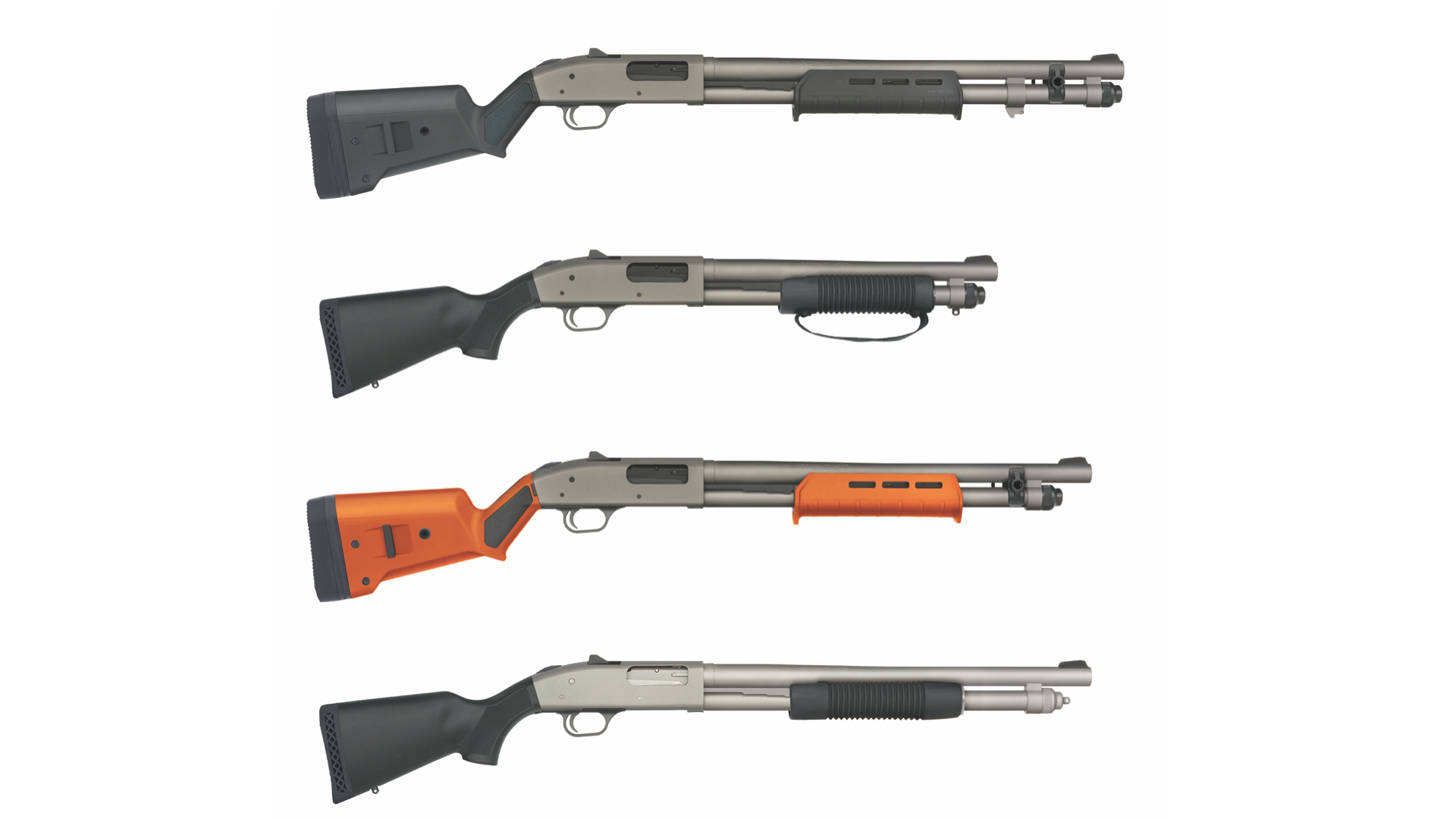 A selection of four Mossberg 590A1 Professional Series shotguns.