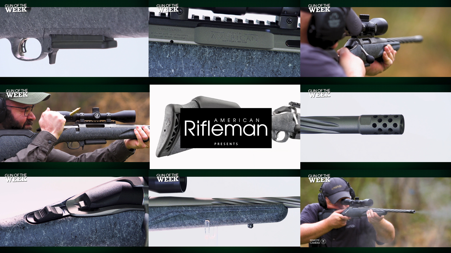 American Rifleman Presents GUN OF THE WEEK text overlay detail images tiles mosaic men shooting ruger american gen ii standard bolt-action rifle outdoors